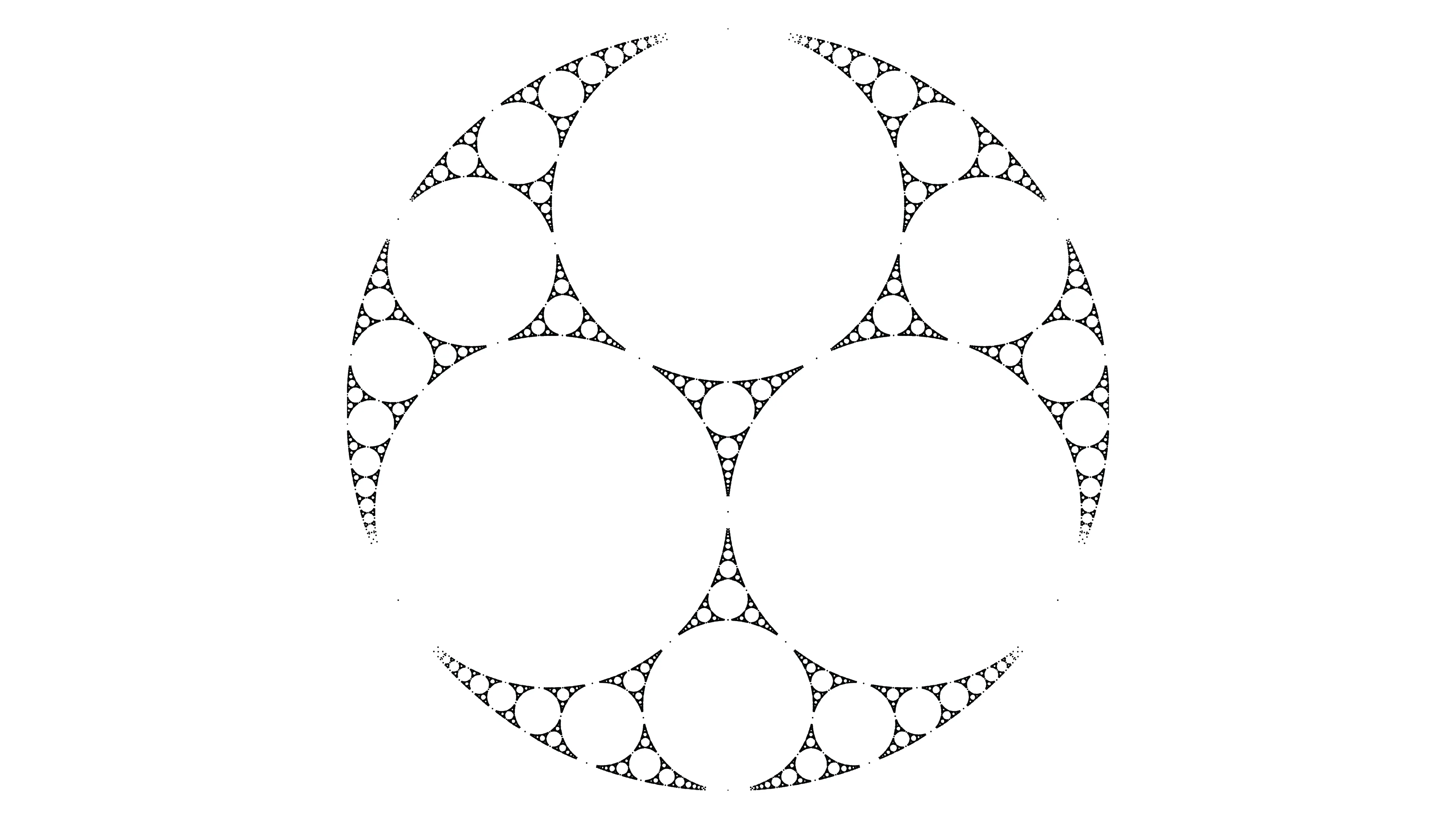 A black-and-white recursive pattern of tangent circles arranged around large circular gaps, with smaller circles filling the triangular gaps
