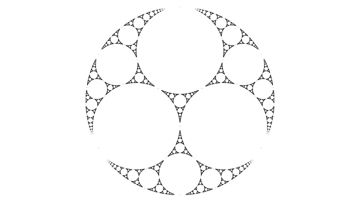 A black-and-white recursive pattern of tangent circles arranged around large circular gaps, with smaller circles filling the triangular gaps