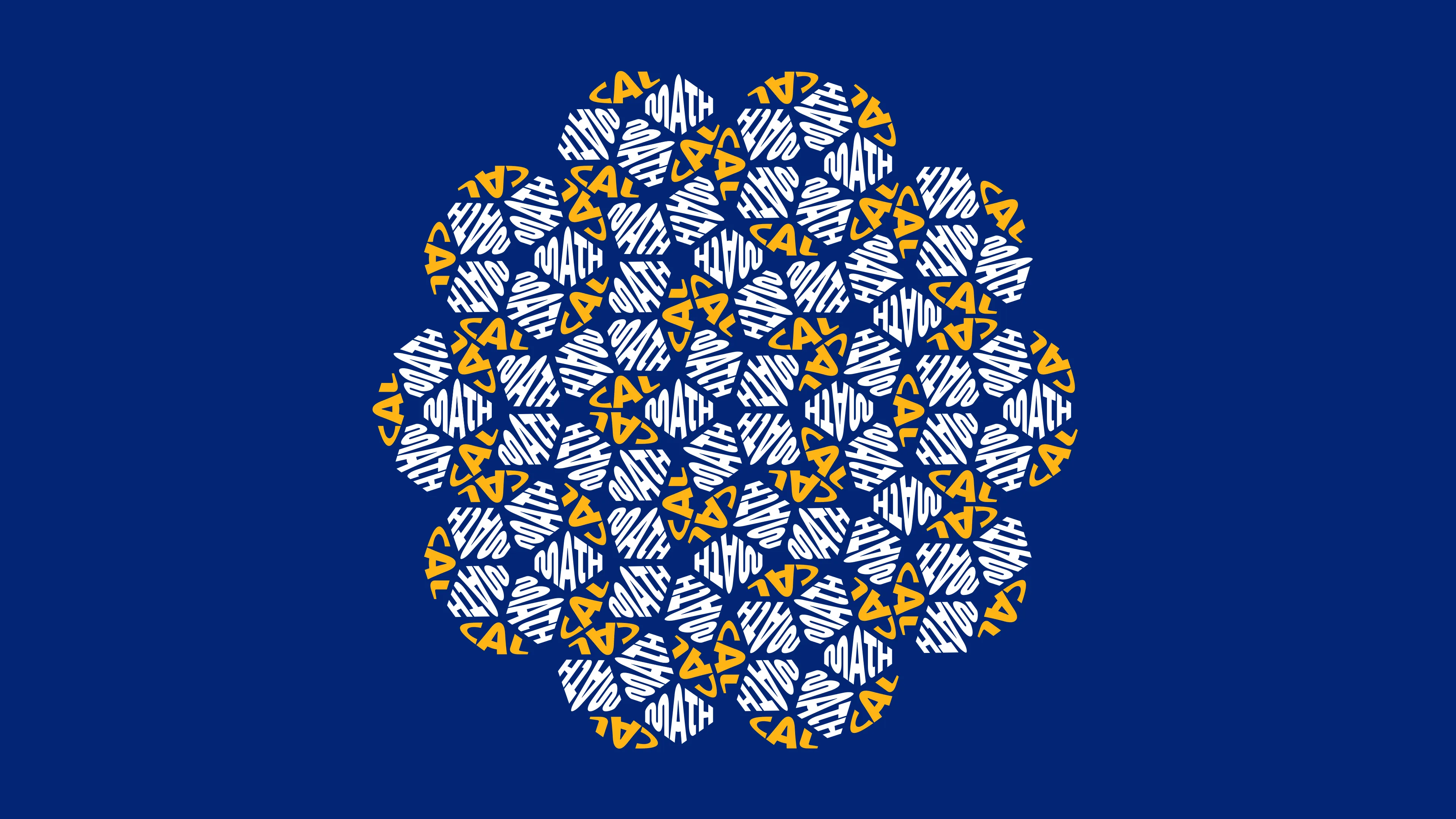 A dense blue-and-orange tessellation of repeated white and orange CalMath lettering on a dark blue background