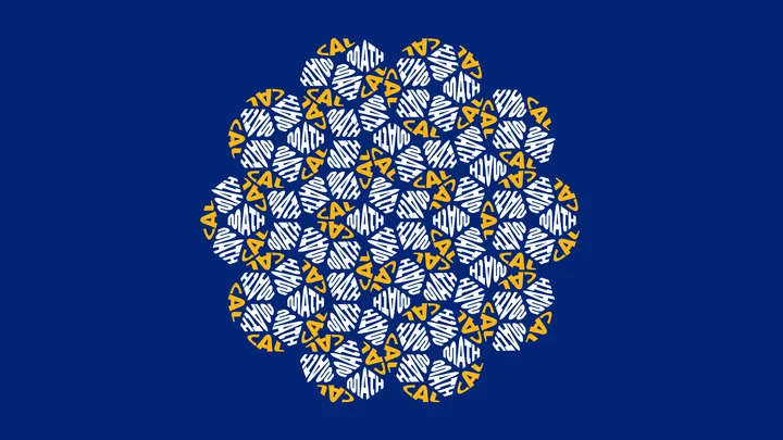 A dense blue-and-orange tessellation of repeated white and orange CalMath lettering on a dark blue background