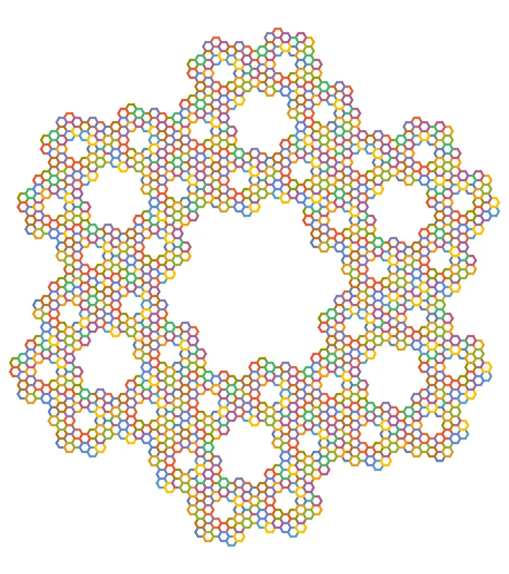 A large island-shaped recursive pattern made from many interlaced hexagonal loops in red, orange, yellow, green, blue, and purple
