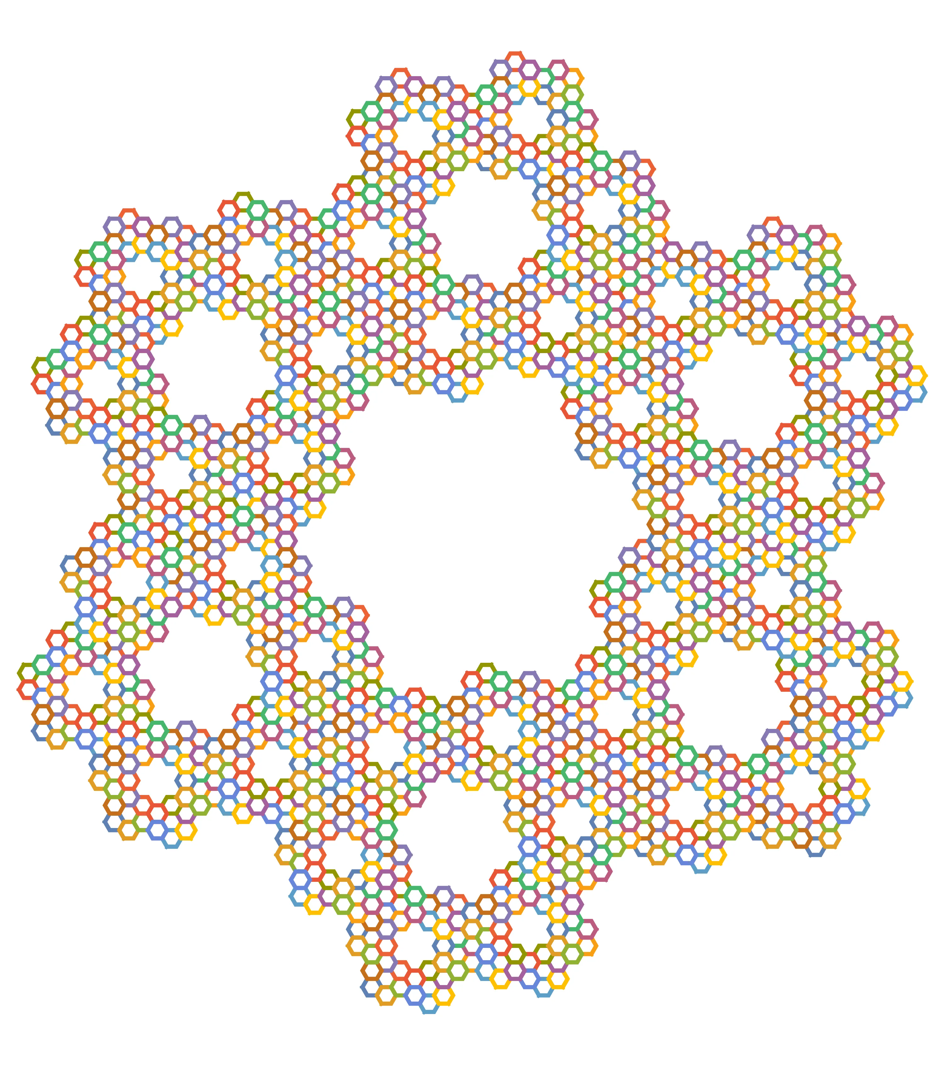 A large island-shaped recursive pattern made from many interlaced hexagonal loops in red, orange, yellow, green, blue, and purple