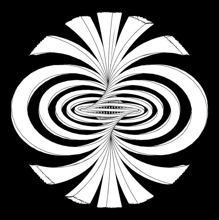 A black-and-white symmetric form made from nested curved bands and radial fiber-like lines converging around a central horizontal loop