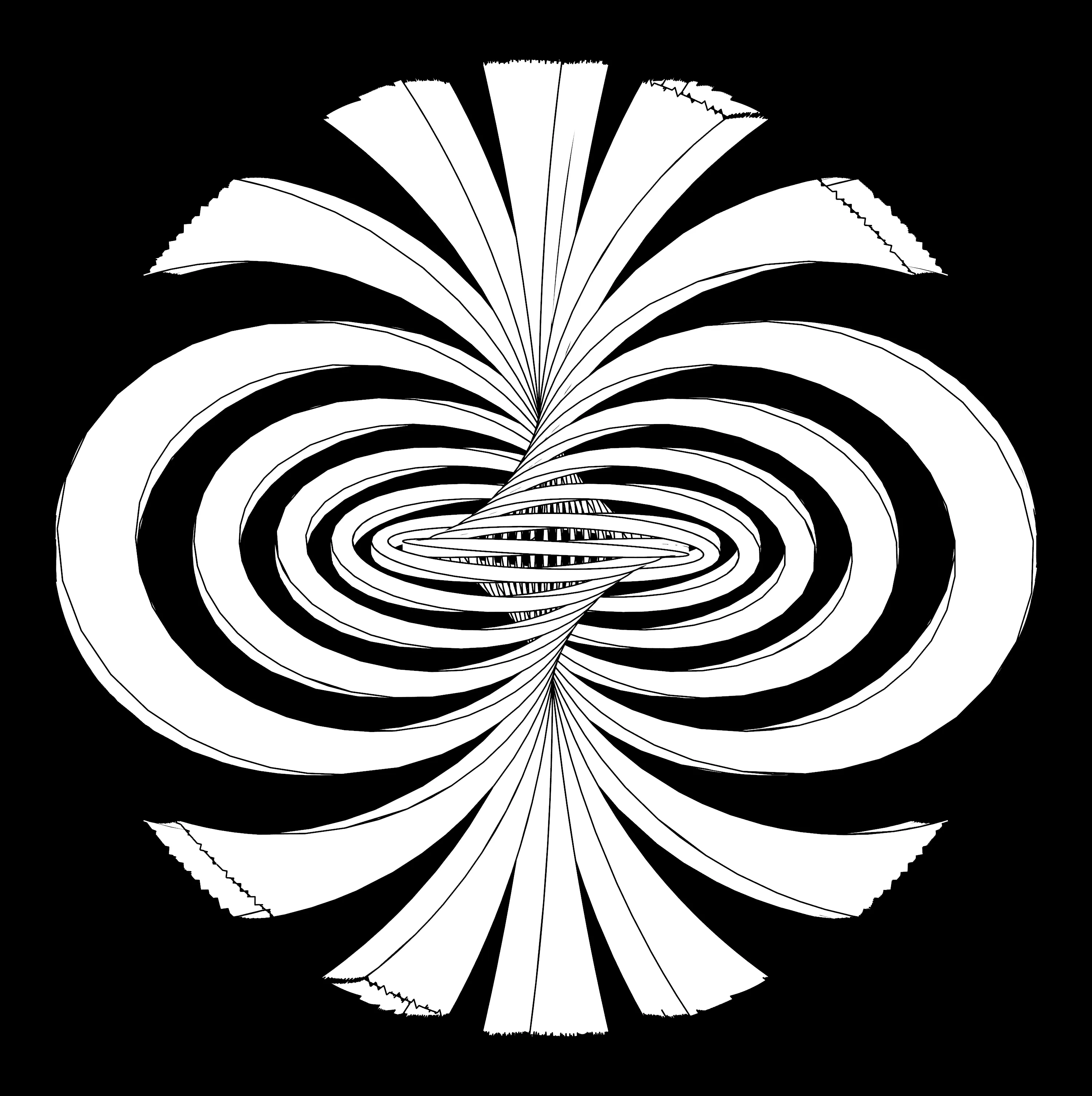 A black-and-white symmetric form made from nested curved bands and radial fiber-like lines converging around a central horizontal loop