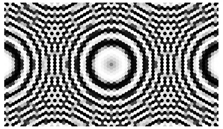 A black, white, and gray hexagonal mosaic forming concentric bands around a pale central hexagon