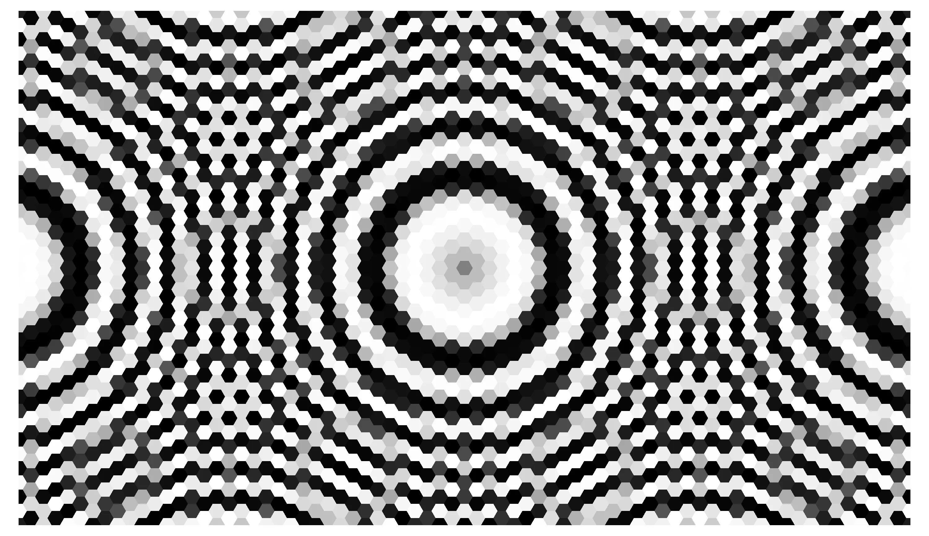 A black, white, and gray hexagonal mosaic forming concentric bands around a pale central hexagon